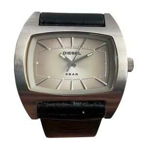 VTG Y2K DIESEL DZ-2062 Analog Watch Black Leather Silver Large Rectangular Face
